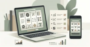 Abstract slot reels beside a practical game checklist on a laptop