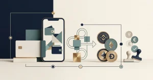 Conceptual deposit checklist with a payment card, digital wallet, bank transfer and currency markers
