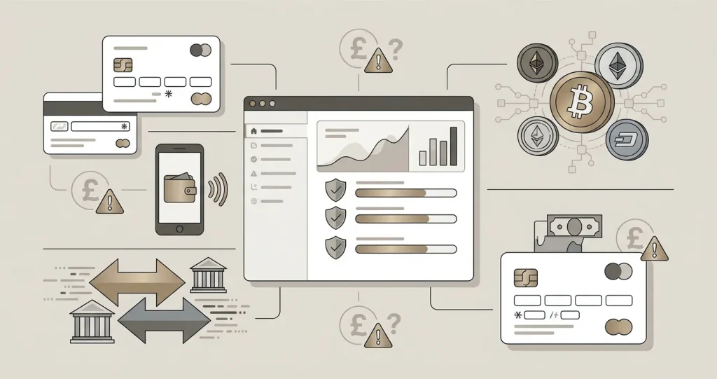 Conceptual payment dashboard showing cards, digital wallets, bank transfer and cryptocurrency categories