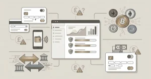 Conceptual payment dashboard showing cards, digital wallets, bank transfer and cryptocurrency categories