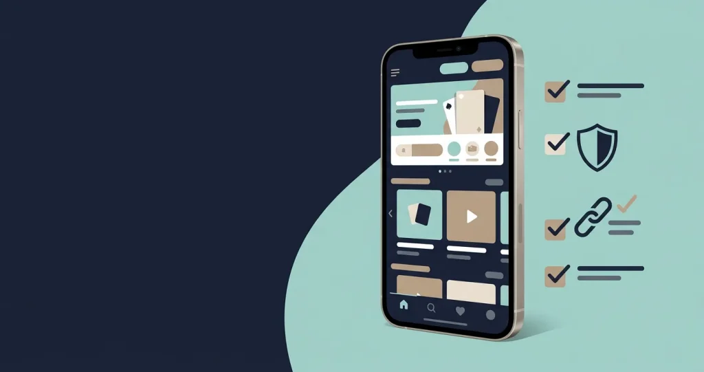 Illustration of a smartphone casino mobile browser beside an app information safety checklist