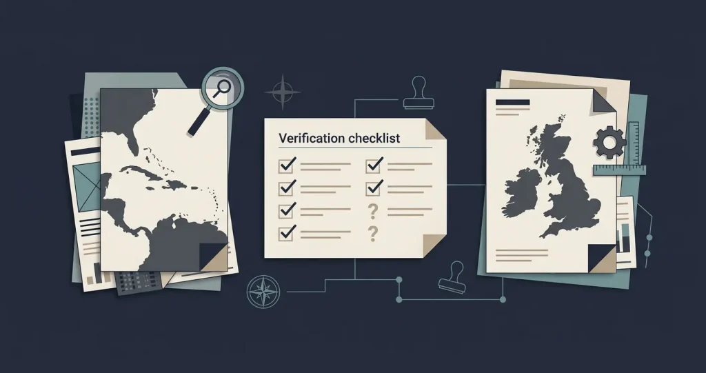 Neutral regulatory checklist comparing offshore licensing and Great Britain licensing questions