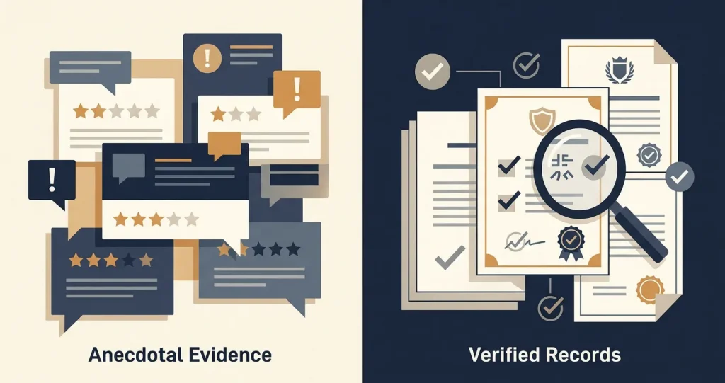 Public illustration comparing confirmed information with anecdotal review signals