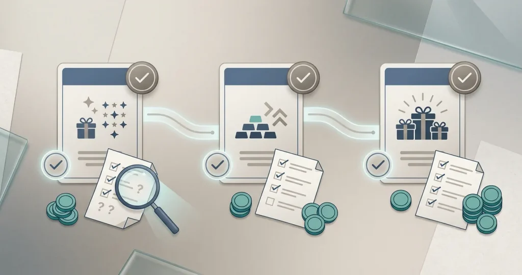 Public illustration of a three-step casino welcome offer timeline with verification markers